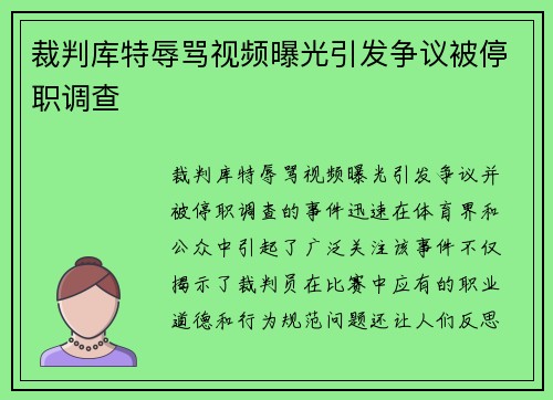 裁判库特辱骂视频曝光引发争议被停职调查 裁判库特辱骂视频曝光引发争议被停职调查