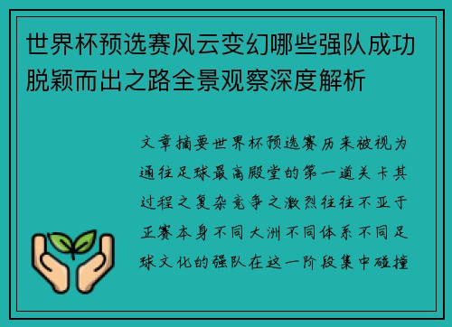 世界杯预选赛风云变幻哪些强队成功脱颖而出之路全景观察深度解析